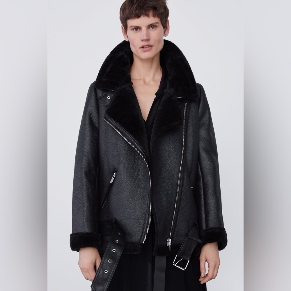 Zara Black Leather Shearling Jacket